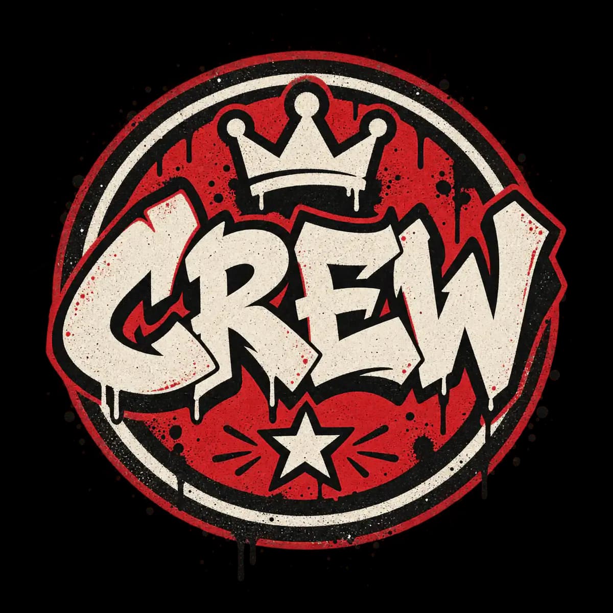 Red cream and black CREW graffiti badge with crown and star accents