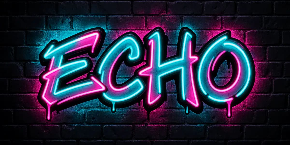 Cyan and pink ECHO neon graffiti logo on a dark brick wall