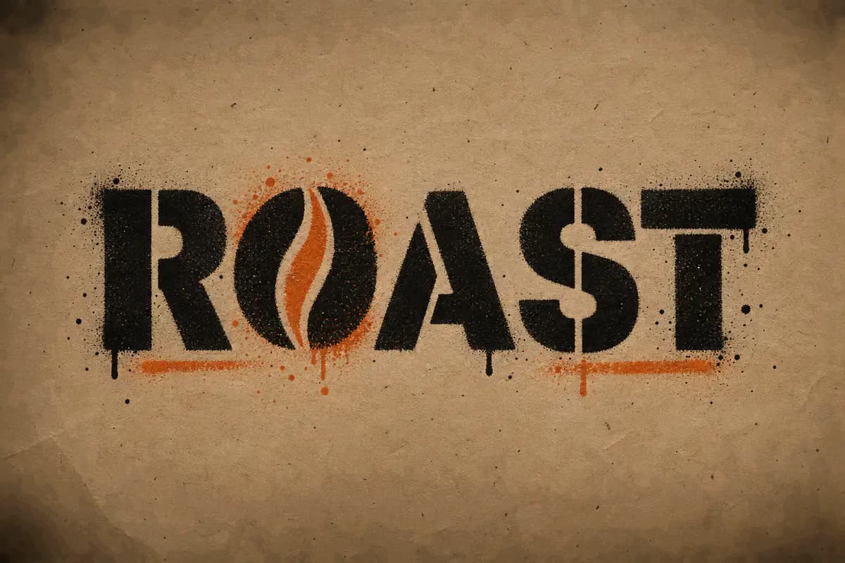 Black and burnt-orange ROAST stencil graffiti logo on kraft paper