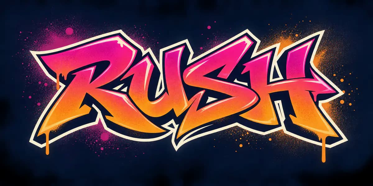 Magenta and orange RUSH semi-wildstyle graffiti logo