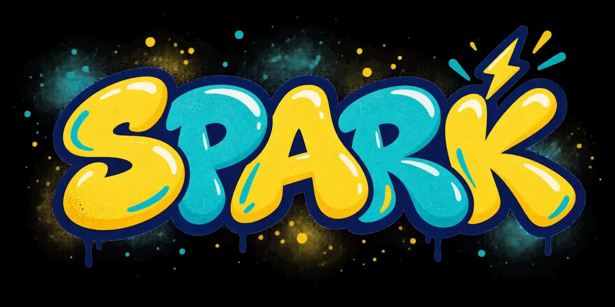 Yellow and teal SPARK bubble graffiti logo with lightning accent