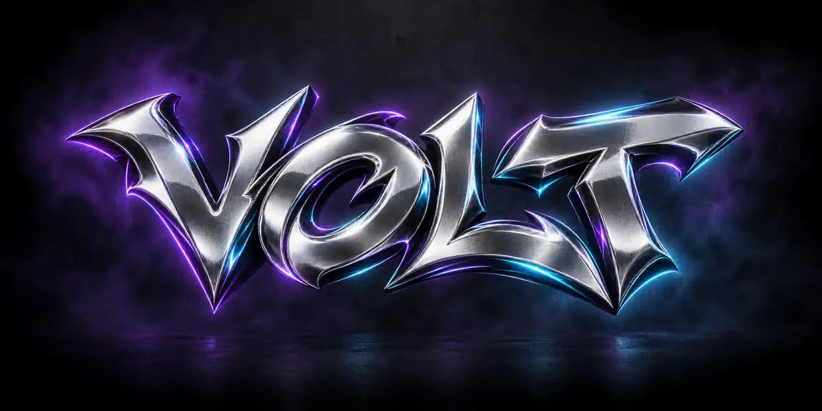 Chrome 3D VOLT graffiti logo with violet and cyan light