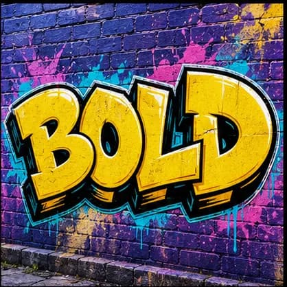 BOLD graffiti text in yellow bubble letters on a blue brick wall