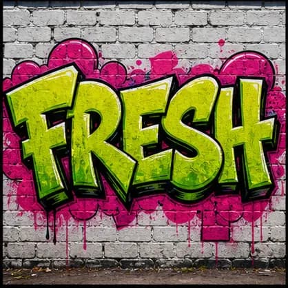 FRESH graffiti text in lime green letters on a brick wall