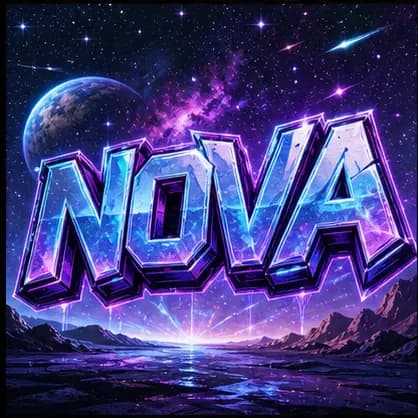 NOVA graffiti text with neon purple and blue lighting