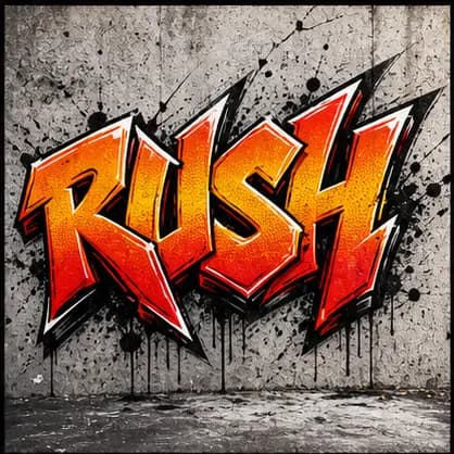 RUSH graffiti text with sharp orange lettering on a concrete wall
