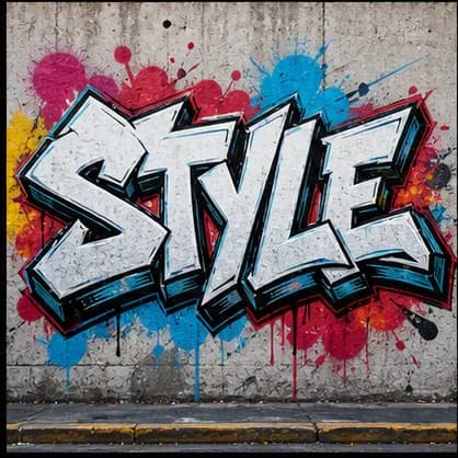 STYLE graffiti text in white outlined letters with paint splashes