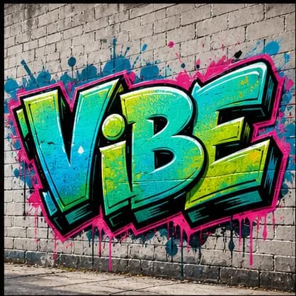 Readable VIBE graffiti text on a brick wall with bright fill and black outline