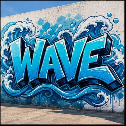 WAVE graffiti text in blue letters with water-style shapes on a wall