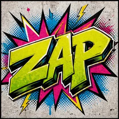 ZAP graffiti text in a comic sticker style with bright yellow fill