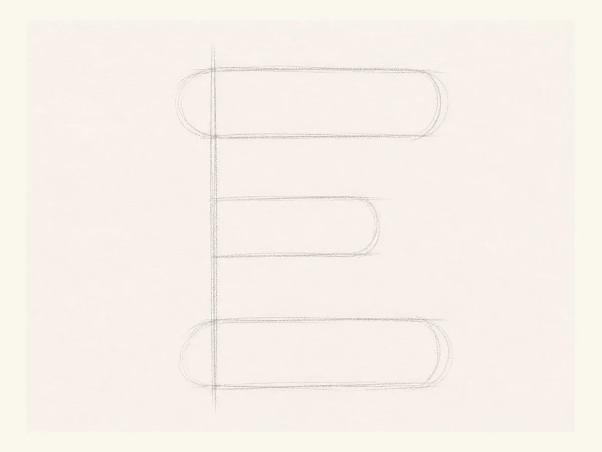Sketch the letter E skeleton drawing step