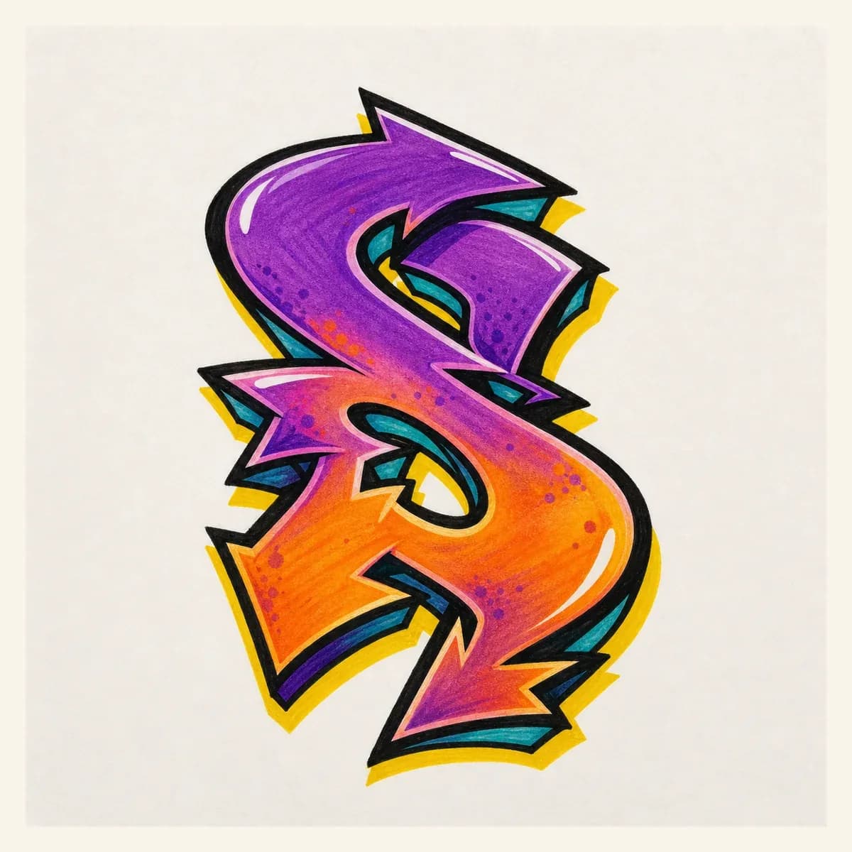 Wildstyle graffiti letter S with arrows around the spine