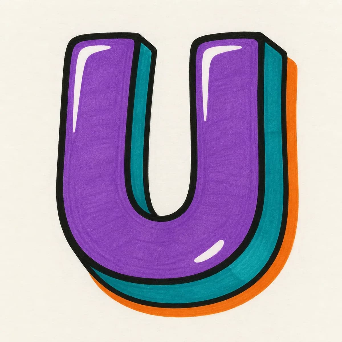 3D graffiti letter U with dimensional extrusion around the curve