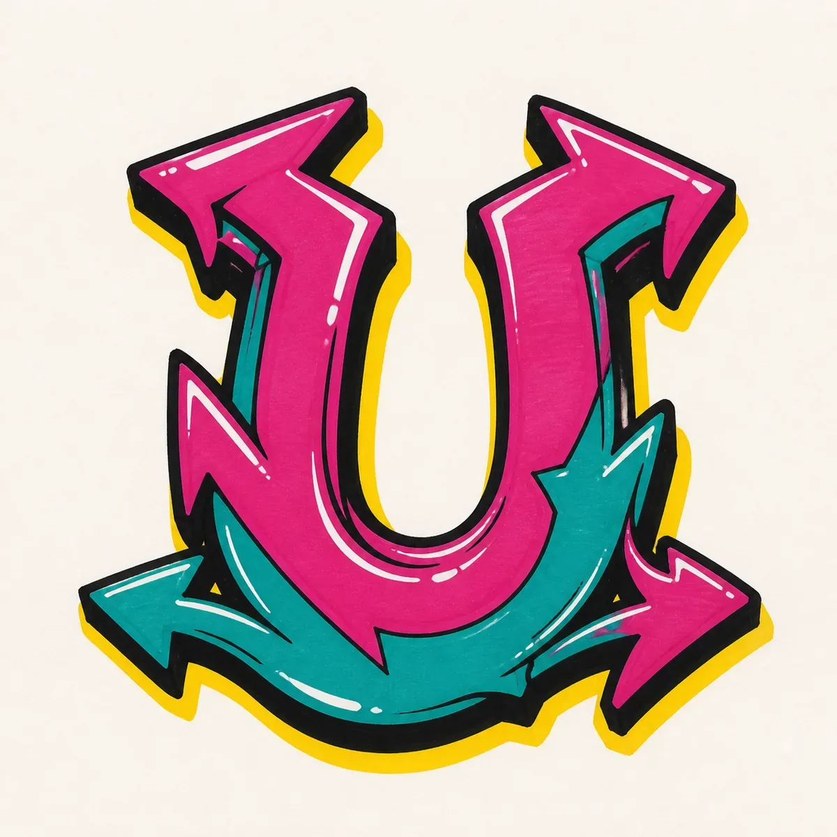 Wildstyle graffiti letter U with controlled arrow details