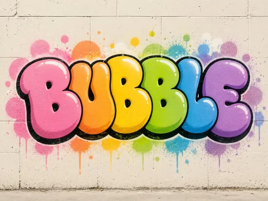 Colorful bubble graffiti letters painted on a wall