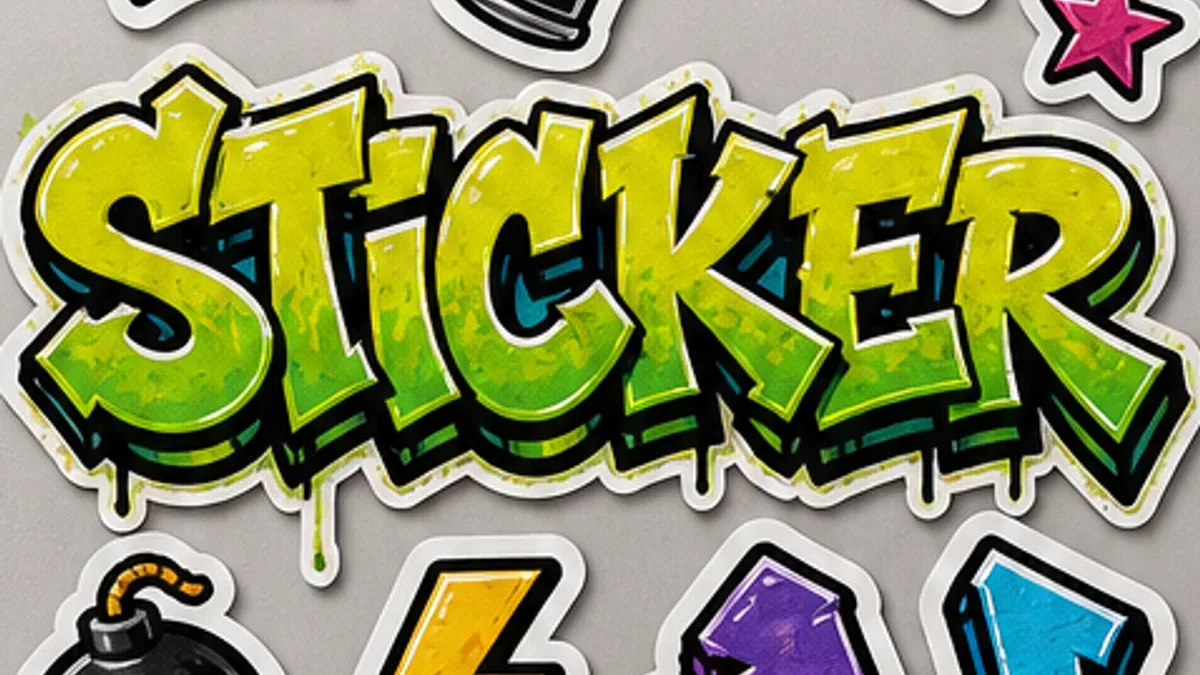 STICKER graffiti font-style lettering arranged as a sticker sheet