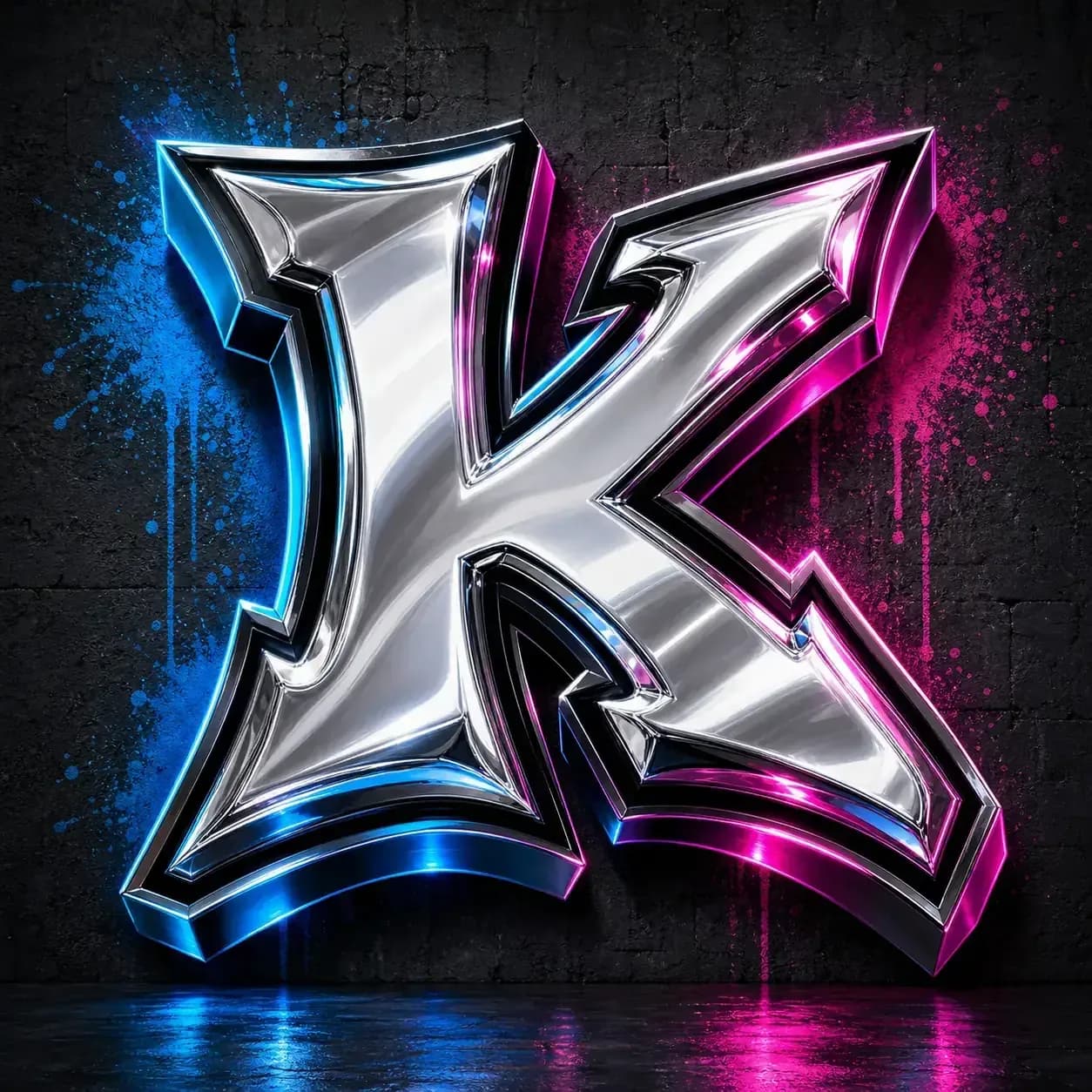 Chrome 3D graffiti letter K on a dark wall