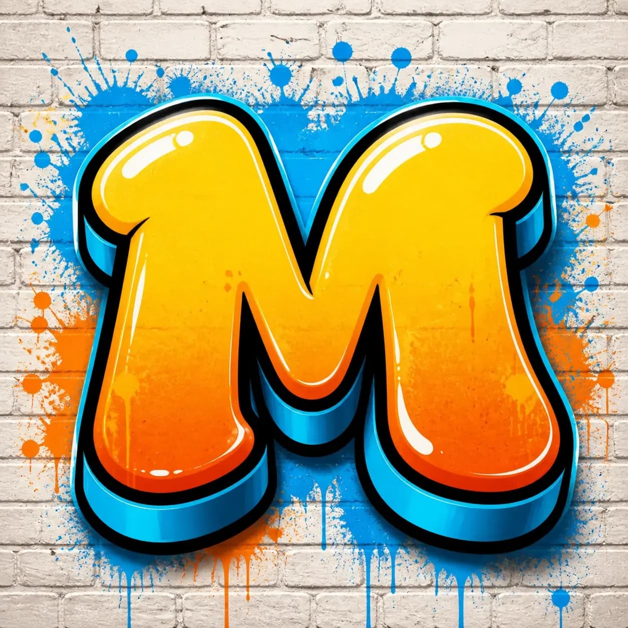 Readable bubble graffiti letter M on a pale brick wall