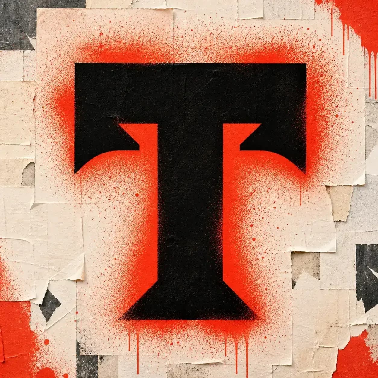 Stencil graffiti letter T on a paste-up wall