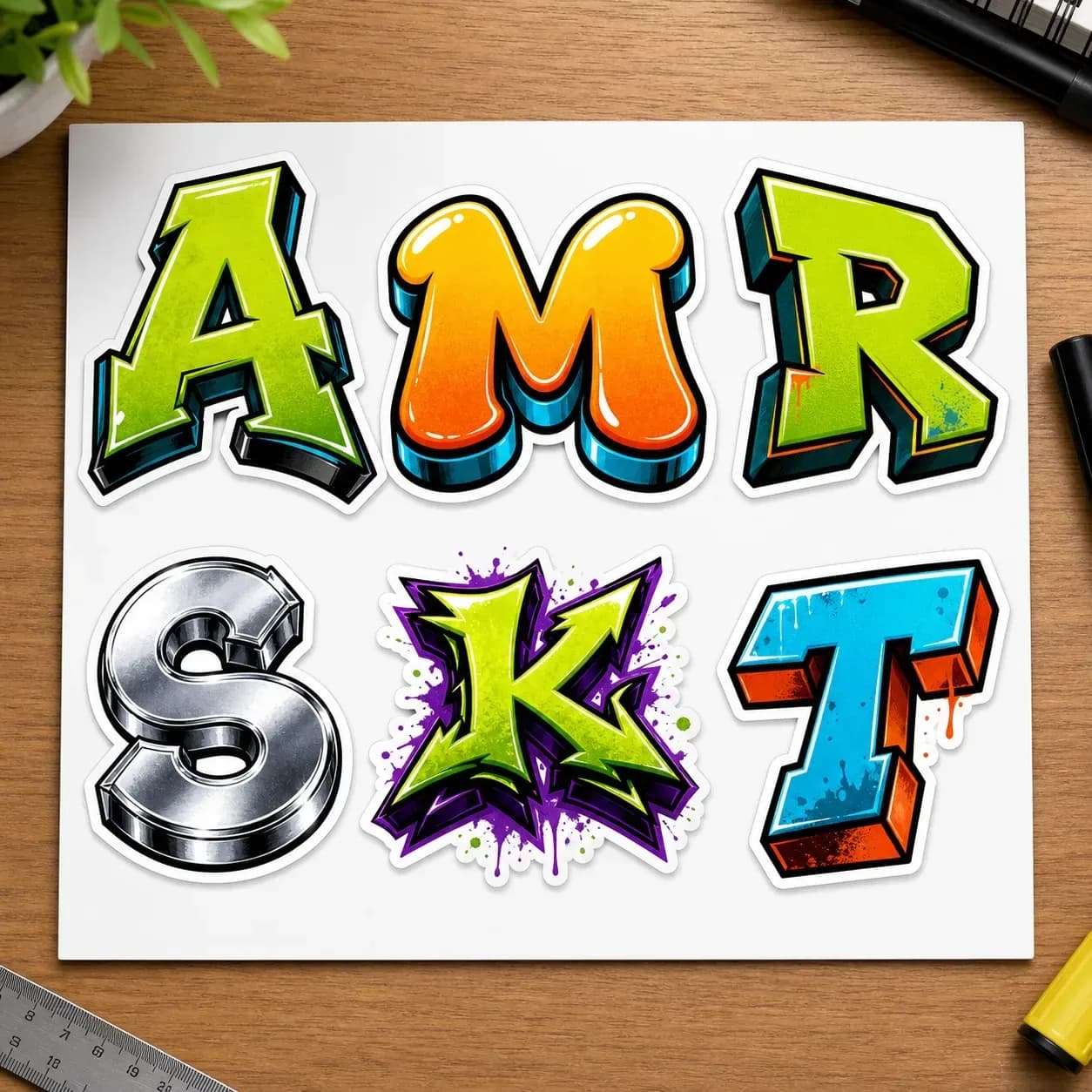 Sticker sheet with graffiti initials A M R S K and T