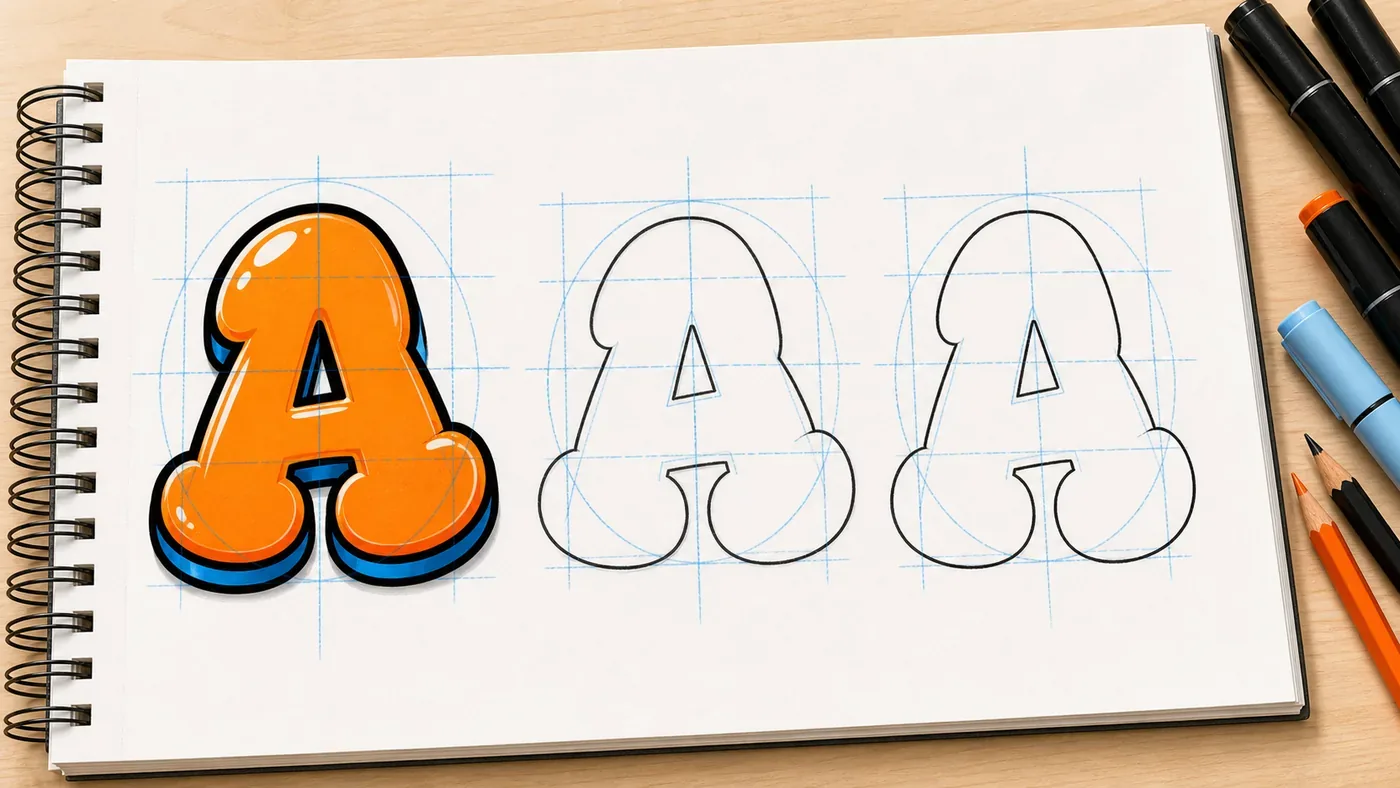 Graffiti letter A practice sheet with construction guide lines