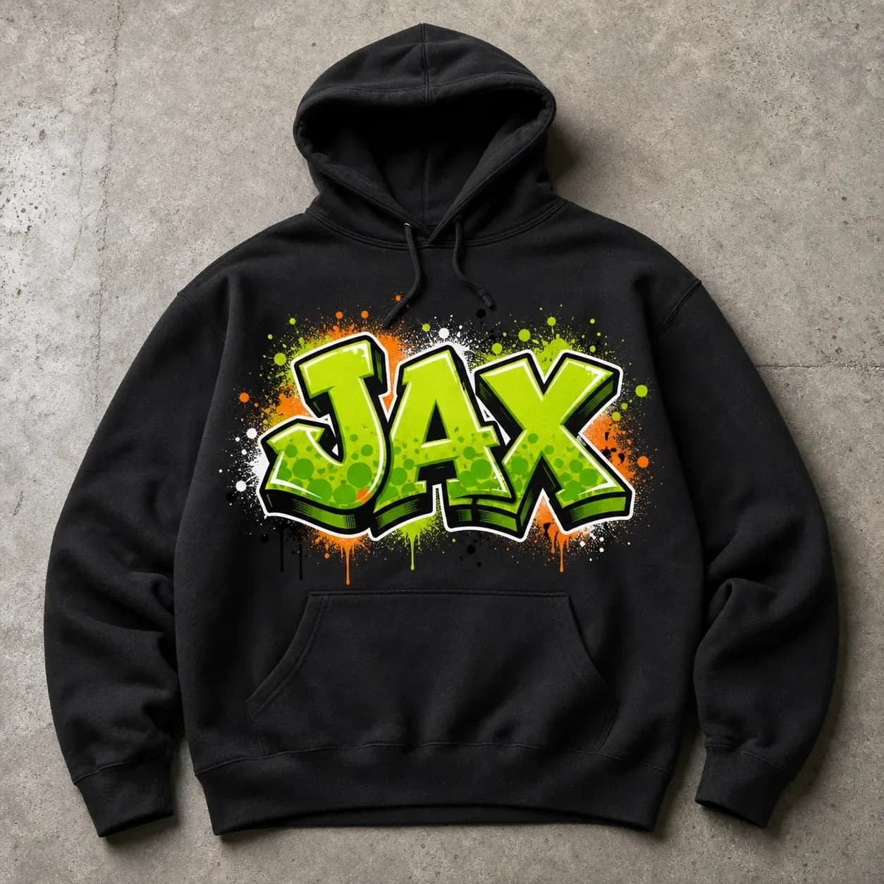 JAX graffiti name logo printed on a black hoodie mockup