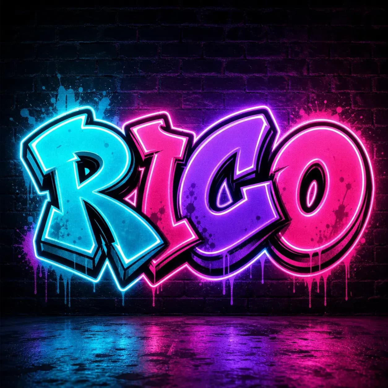 RICO neon graffiti name logo on a dark wall