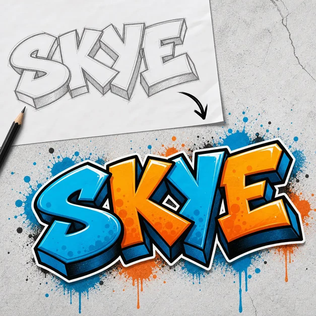 SKYE sketch transformed into a finished graffiti name logo