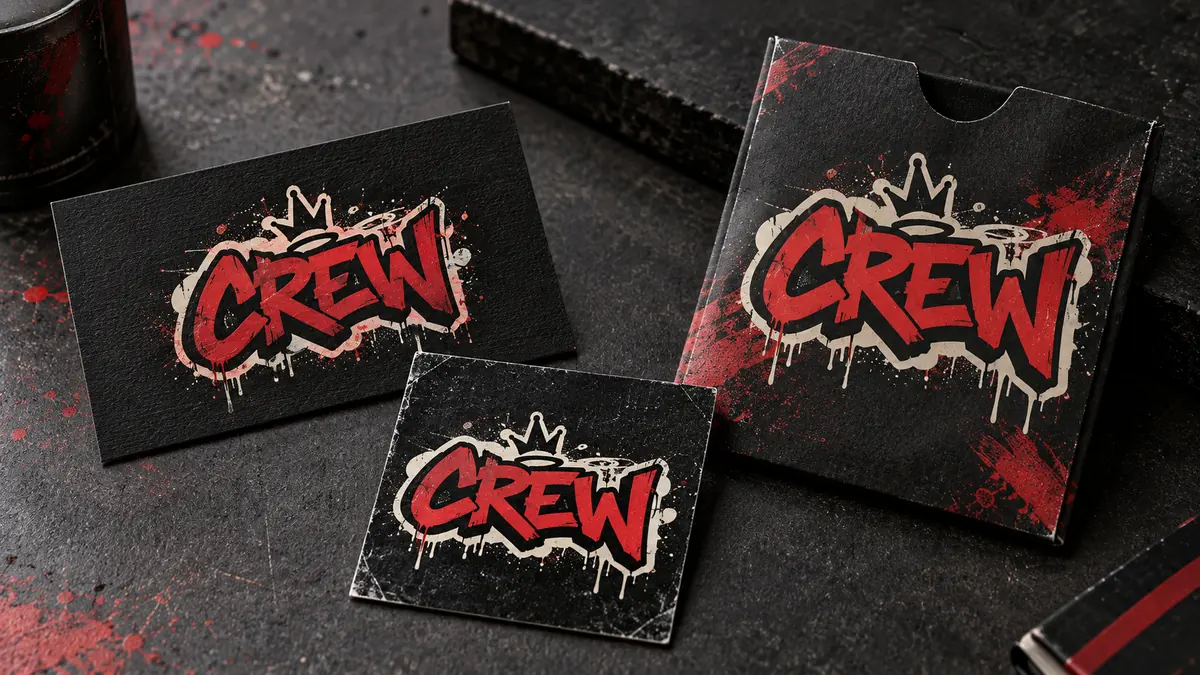 CREW graffiti logo applied to cards, a label, and a packaging sleeve