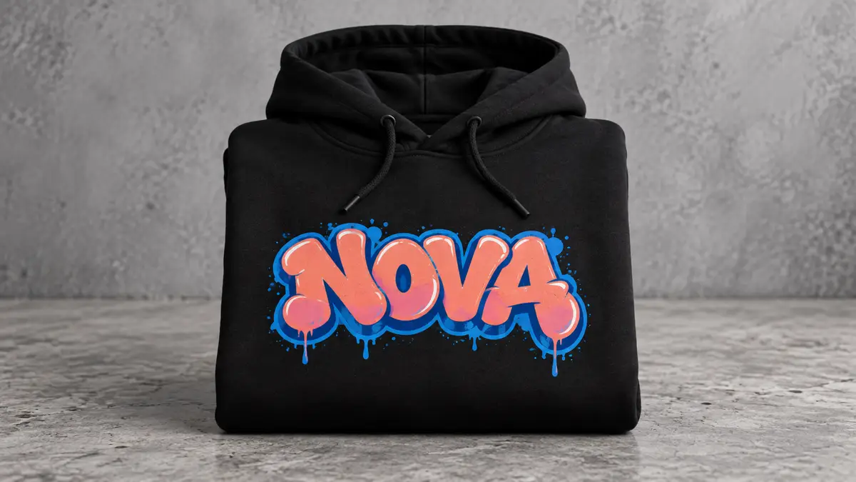 Black hoodie mockup printed with a NOVA graffiti logo