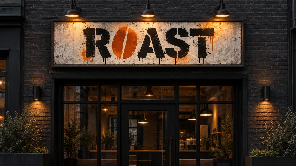 ROAST stencil graffiti logo displayed on a storefront sign