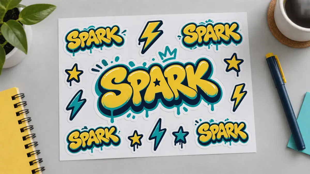 Sticker sheet using a yellow and teal SPARK graffiti logo