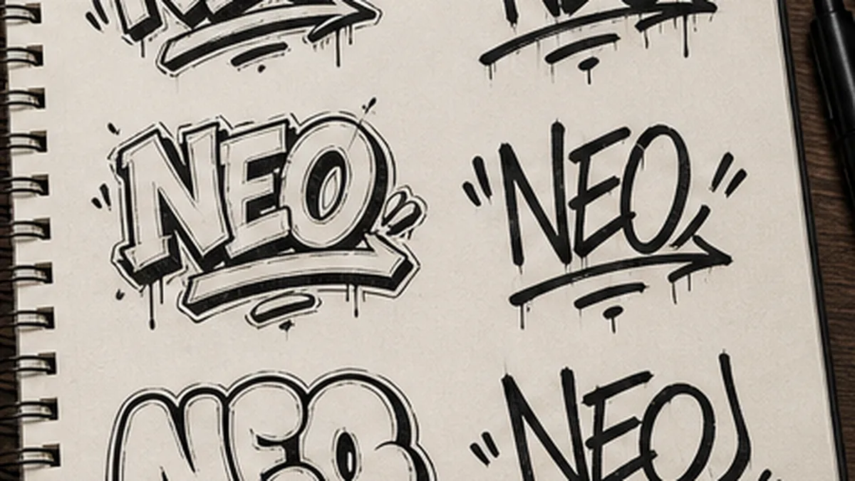 Blackbook practice page with NEO graffiti tag