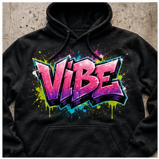 Hoodie mockup with readable VIBE graffiti text artwork