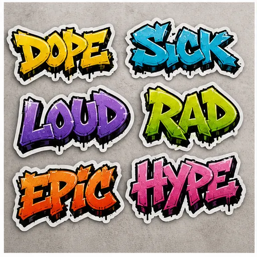 Sticker sheet with multiple short graffiti text words