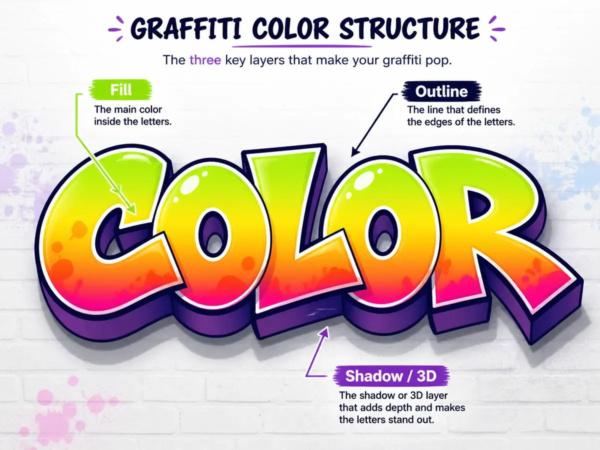 Colorful graffiti letters with fill color, thick outline, highlight, and shadow effects