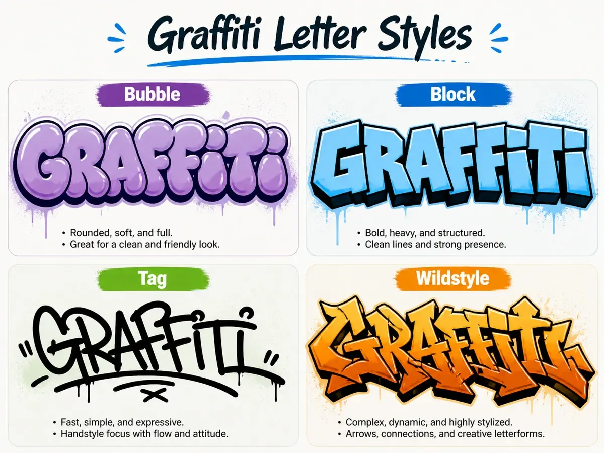 Graffiti letter styles comparison with bubble, block, tag, and wildstyle lettering