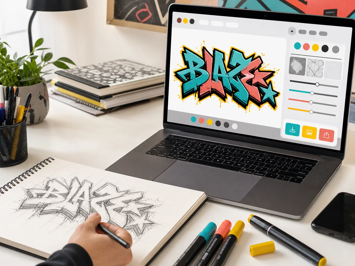 Laptop graffiti editor preview beside a sketchbook showing a digital-to-paper drawing workflow