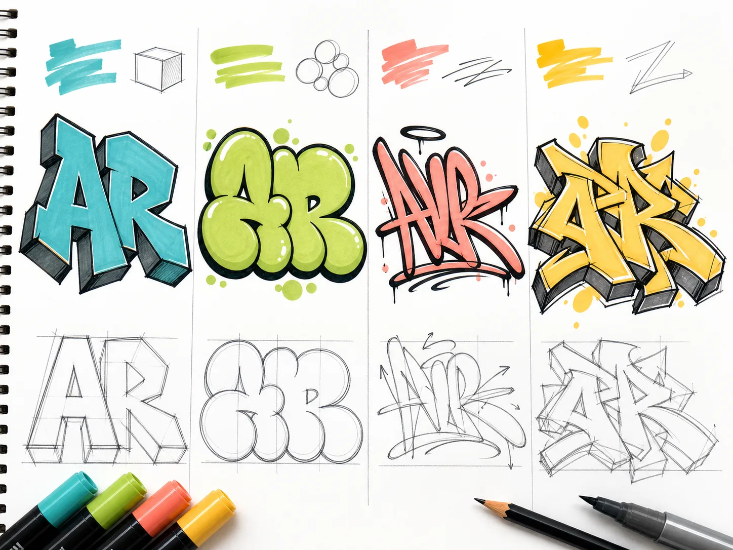 Sketchbook comparison of block, bubble, tag, and beginner wildstyle graffiti lettering