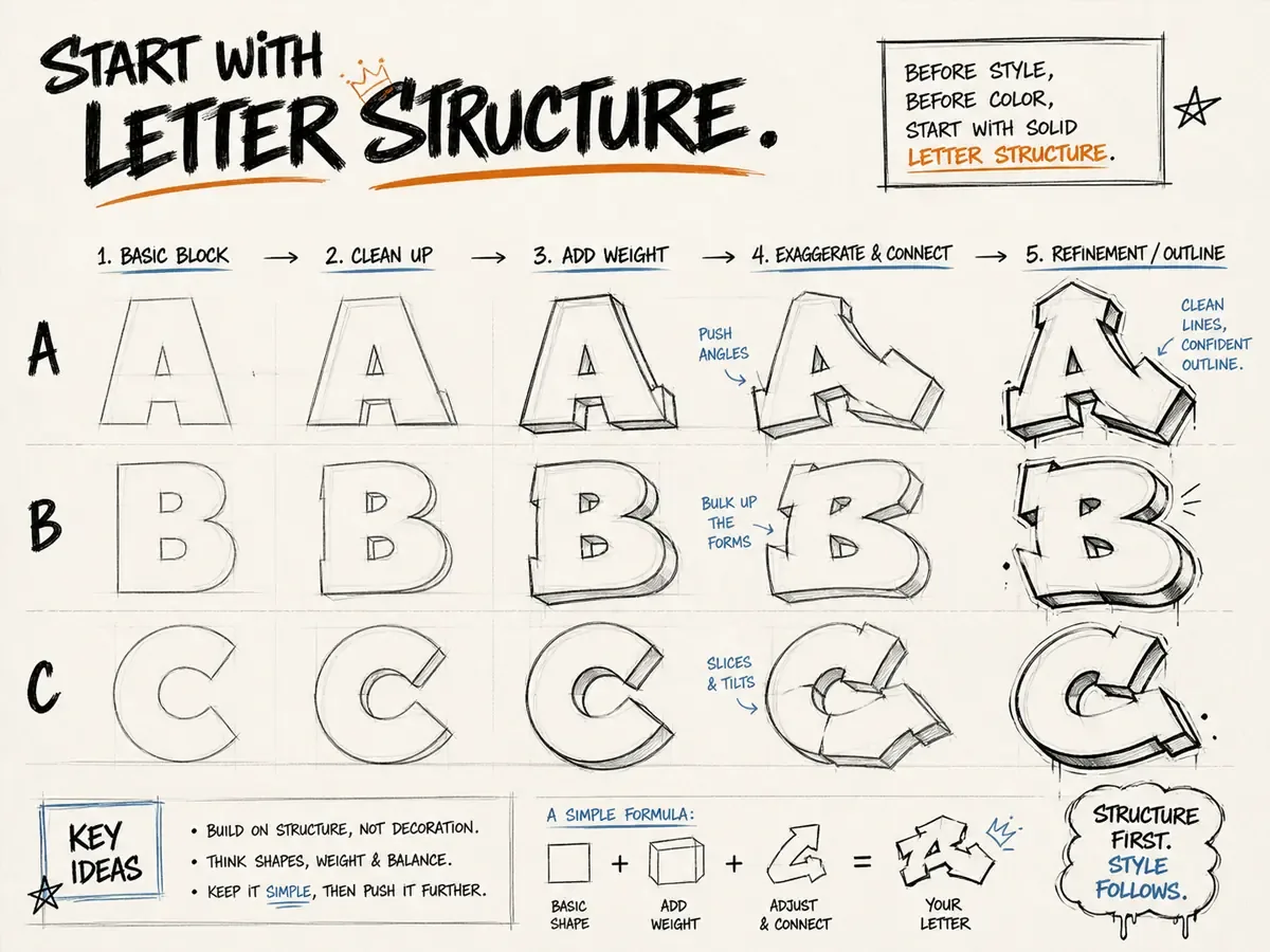 Graffiti letter structure showing a simple base shape before outlines and decorations
