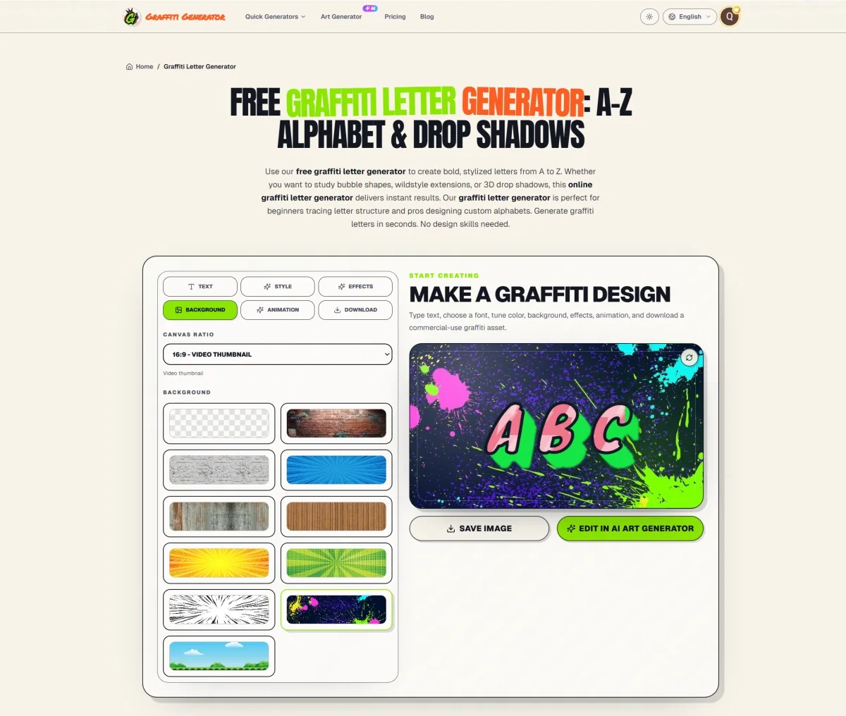 Online graffiti generator interface for creating text and exporting a graffiti design