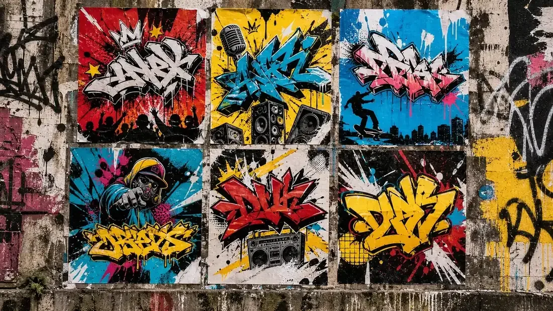 Colorful graffiti event poster concepts on a wall